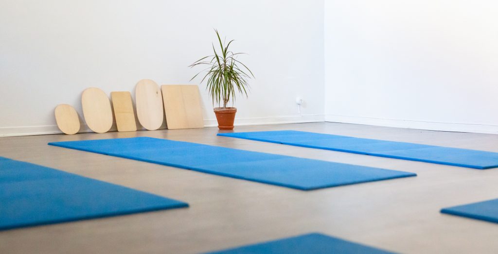 Feldenkrais® Sinisiä joogamattoja ja ruukkukasvi lattialla.